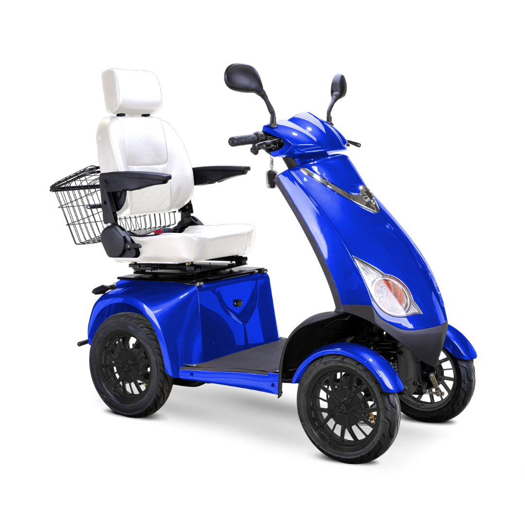 The Bespoke Platinum Recreational 4-Wheel Scooter with Electric Brake Assist features a blue frame, white cushioned seat with armrests and headrest, handlebars, a high-performance motor, and a rear metal basket.